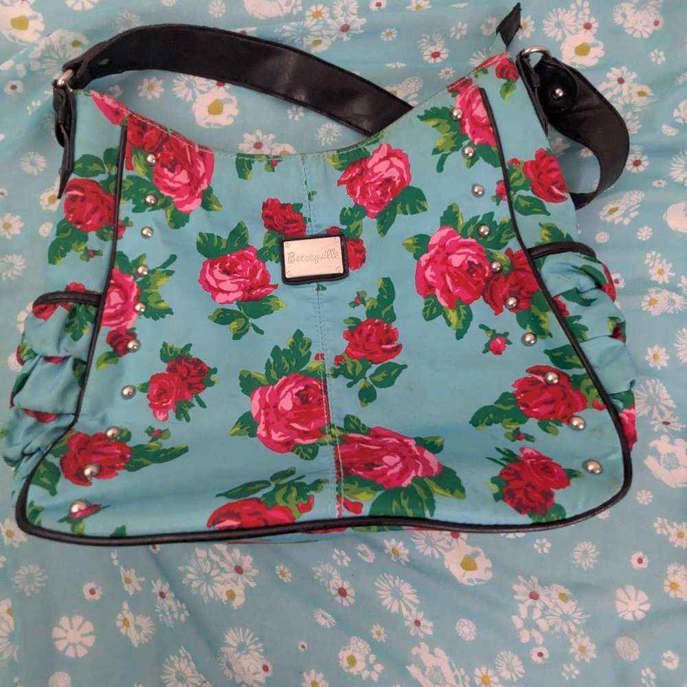 Betsey Johnson Betseyille Red Roses with Blue Background Hobo Bag